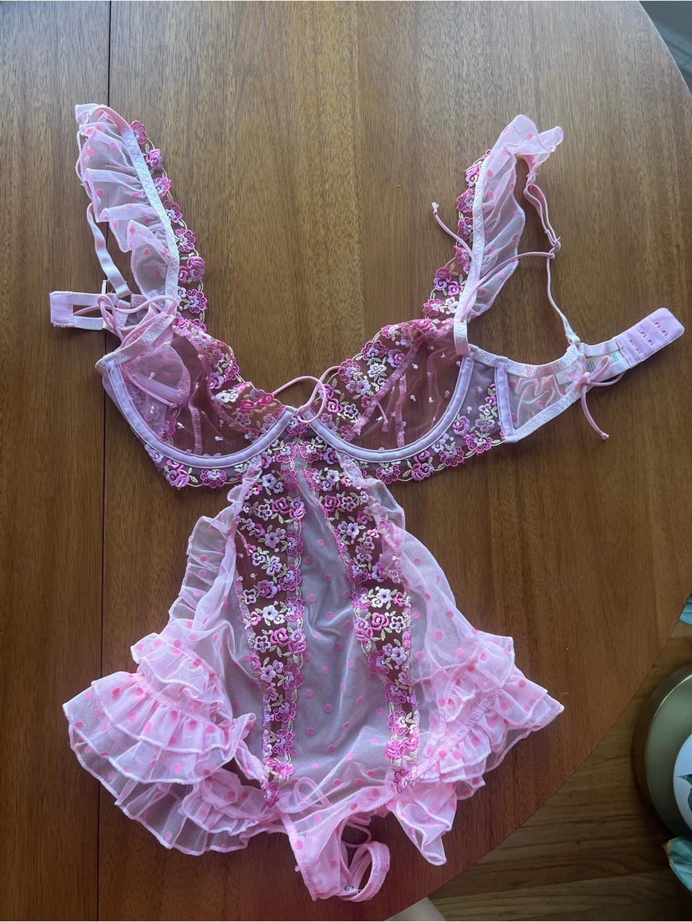 For Love & Lemons Pink Sheer Floral Embroidered Babydoll
